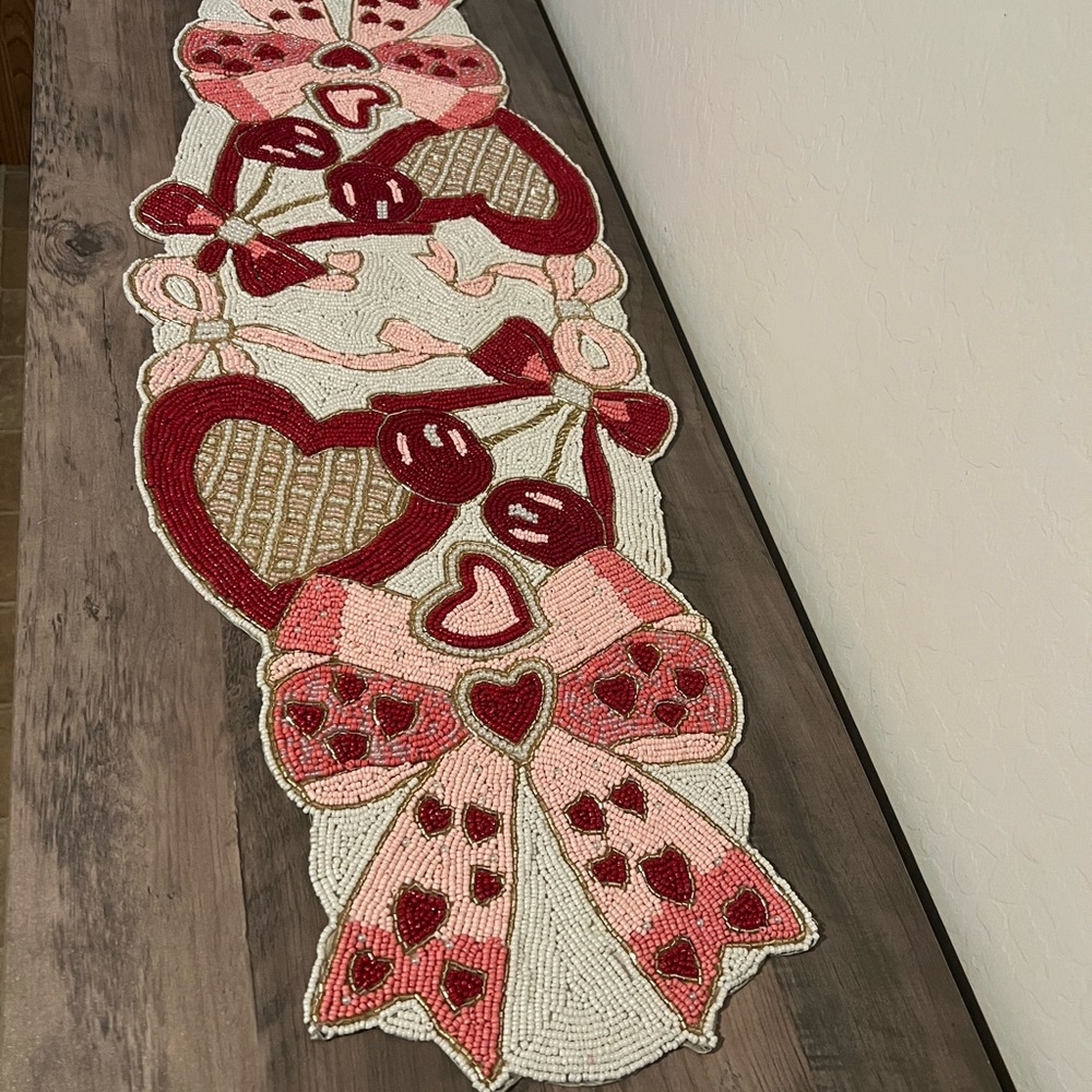 Valentine's Day Beaded Table Runner Pink Red & White Bows Cherries & Heart Print
